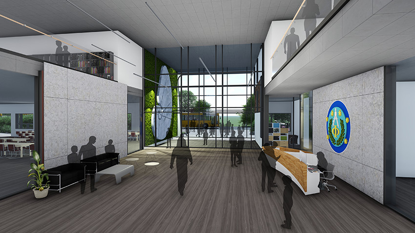 rendered indoor view of pythagoras academy showing the institutional archicture in richmond bc