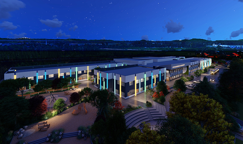 night time rendered view of pythagoras academy in richmond bc showing the institutional architecture