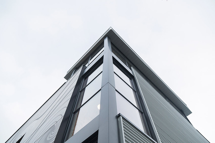 top corner view of lululemon commercial building showing architectural angles