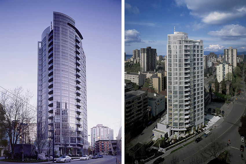 side by side pictures of full sterling building showing the west end of vancouver in the background