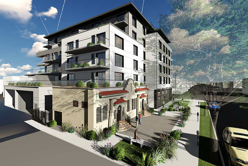 rendered street view of hastings street residential architecture with commercial at street level