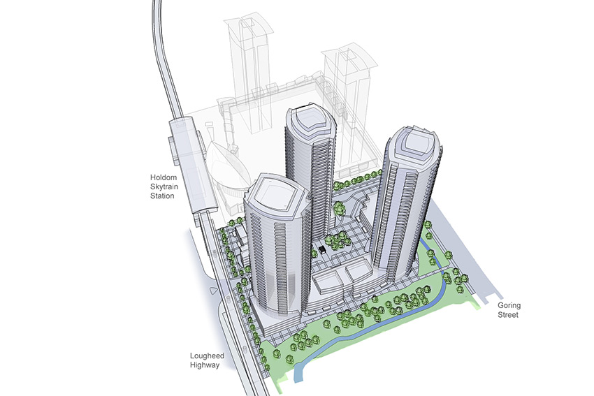 rendered birds eye view of three sky scraper towers of holdom station complex in burnaby bc