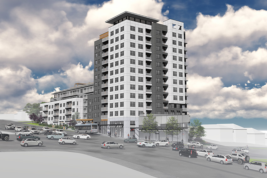 rendered view of renfrew achitecture in vancouver focusing on the main tower