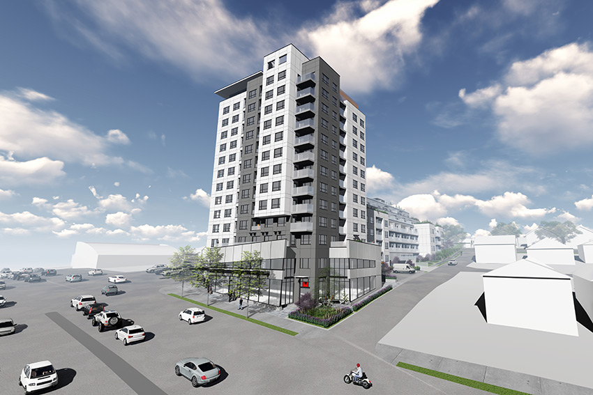 rendered distance view of renfrew complex architecture in vancouver