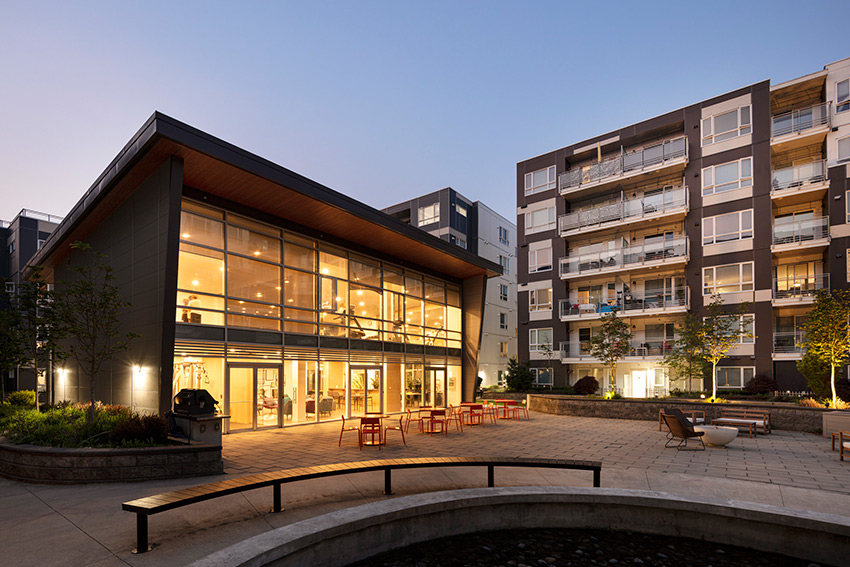 Night time courtyard view of HQ residential architecture Surrey BC