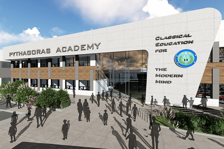 rendering of front of institutional pythagoras academy architecture in richmond bc