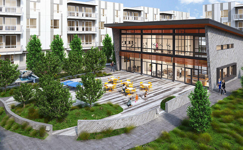 computer rendering of workout facility and courtyard of surrey residential complex