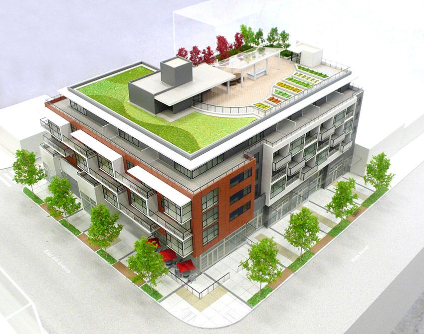 computer rendering of main and 4th architecture from above showing rooftop garden and common space