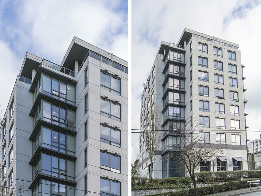 two views side by side of coner of residential midrise apartment building