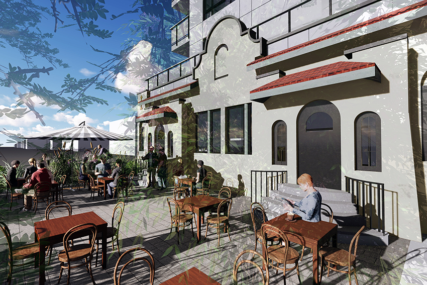 rendered patio view of hastings street vancouver residential and commercial architecture project