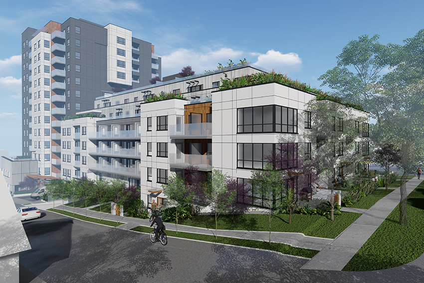 rendered view from the side street of renfrew vancouver architecture complex